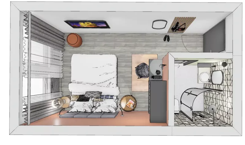 Entwurf der Hotelzimmer zweckmäßig und sinnvoll Zeichnung eines modernen Hotelzimmers in der Draufsicht